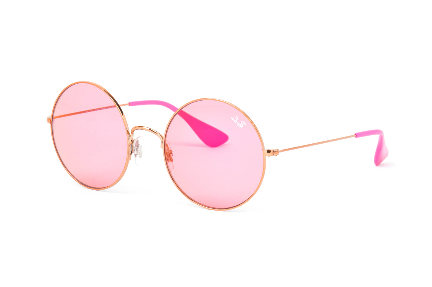 Pink sunglasses with gold frames on a white background