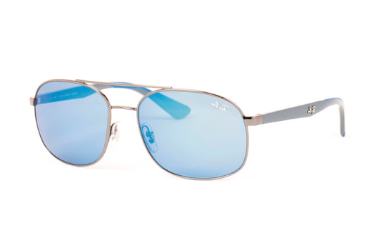 Sunglasses with blue lenses and silver frame on a white background