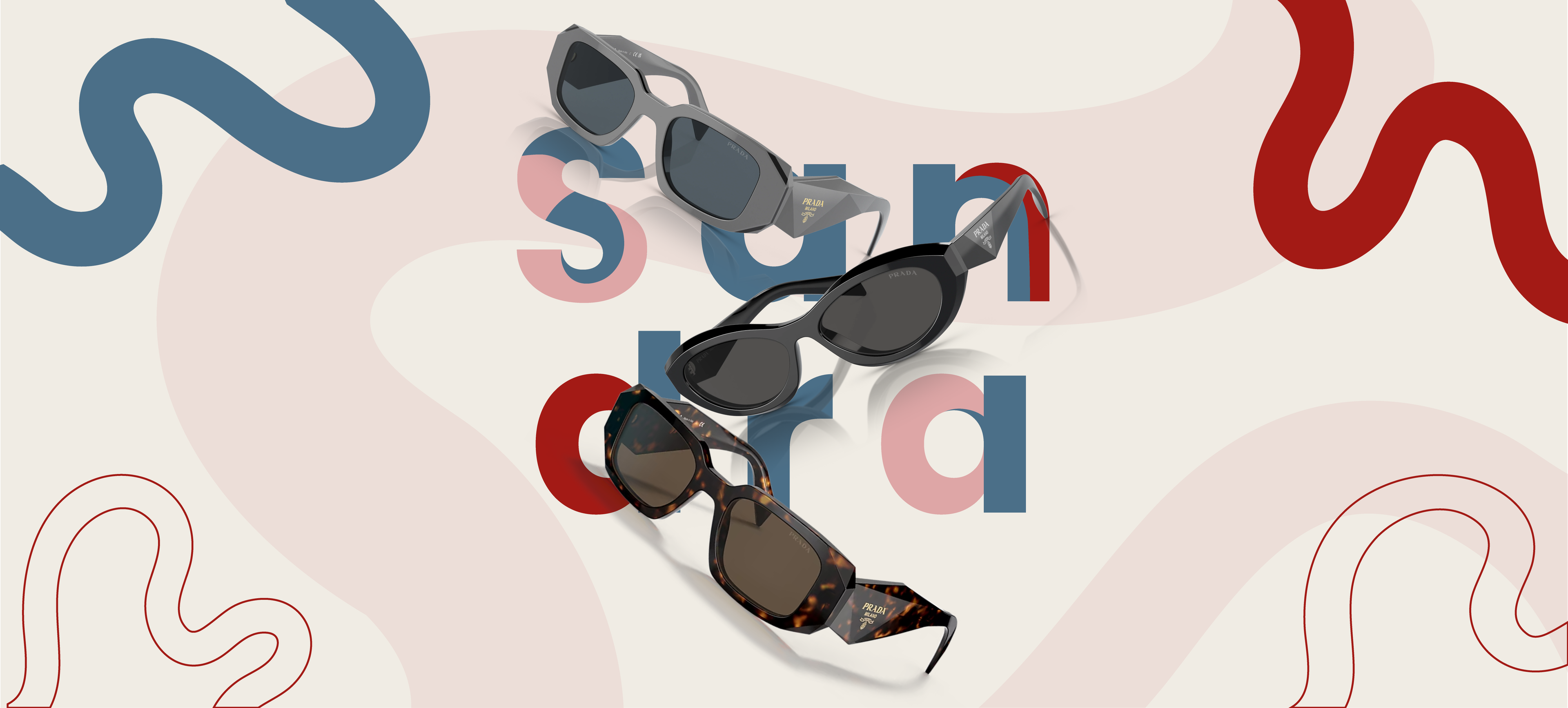 Three pairs of sunglasses on a colorful abstract background with 'Sunglasses' text.