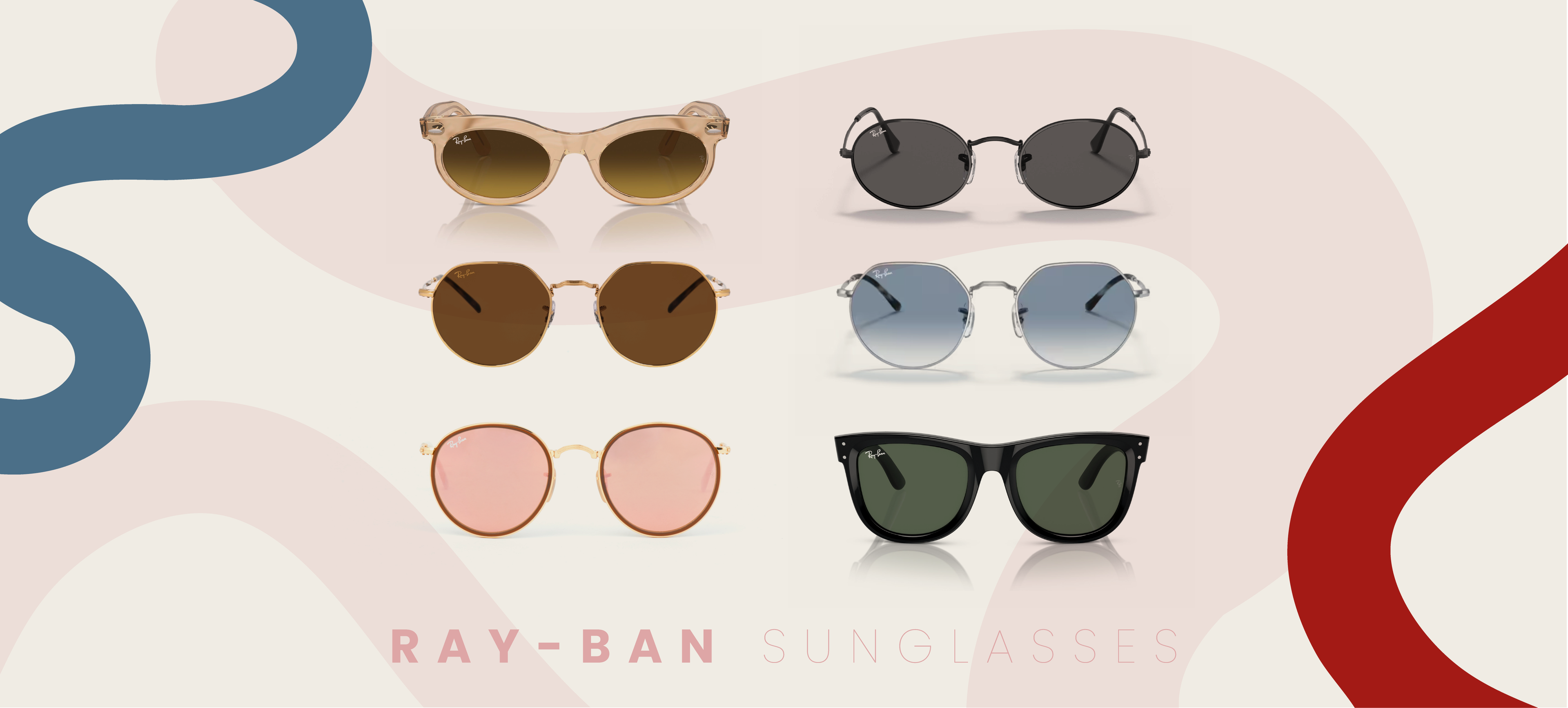Collection of Ray-Ban sunglasses on a light pink background with wavy lines.